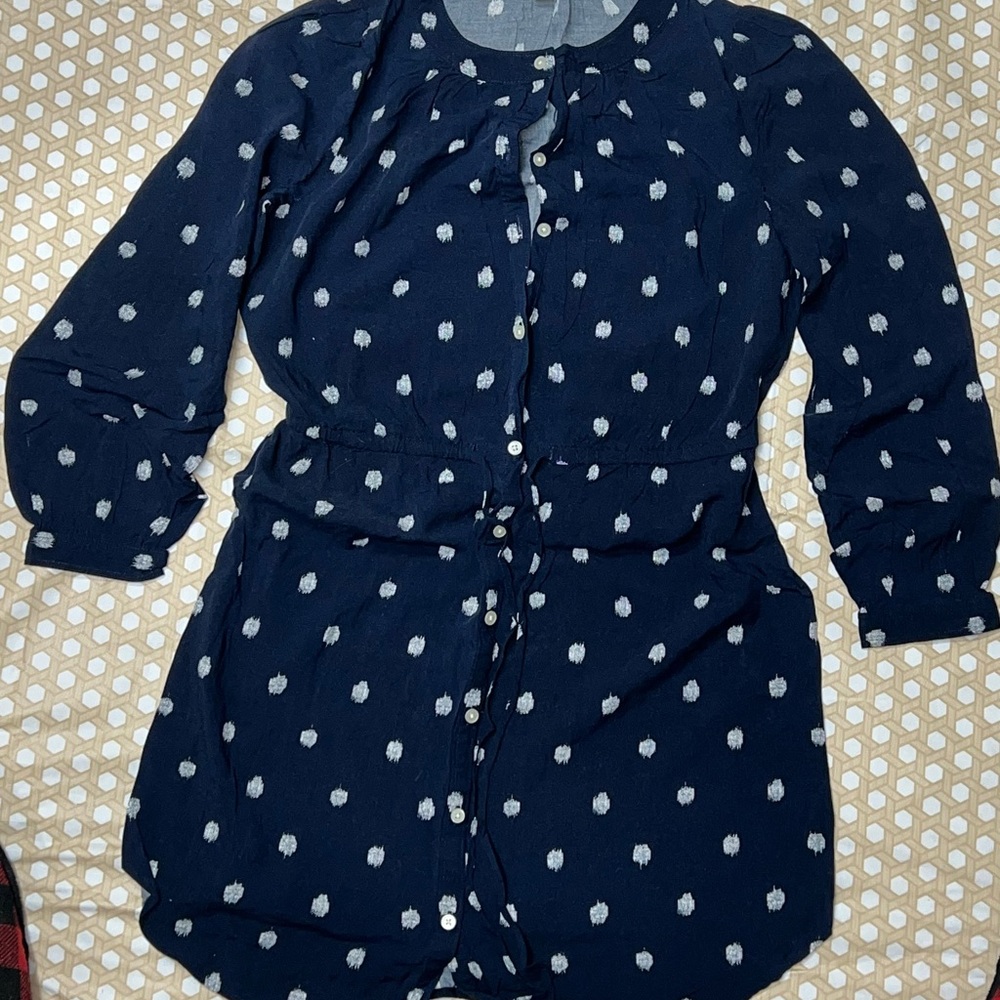 LOFT Navy Polka Dot Long Sleeve Dress